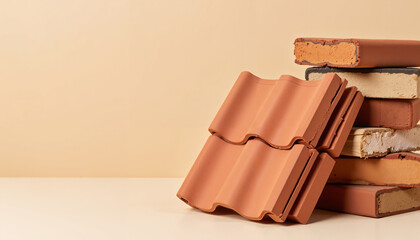 Stacked new roof tiles next to old worn ones on neutral background  