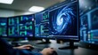 © dhita - A person analyzes meteorological data displayed on multiple computer screens, focusing on a swirling hurricane map.