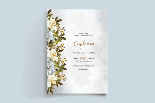 WEDDING INVITATION FRAME WITH FLOWER DECORATIONS AND FRESH LEAVES