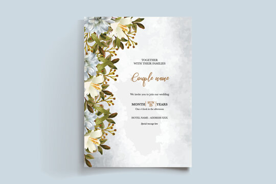 WEDDING INVITATION FRAME WITH FLOWER DECORATIONS AND FRESH LEAVES