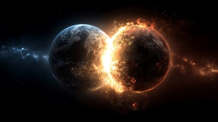 Wall Mural - Two planets colliding creating fire and destruction in space. .