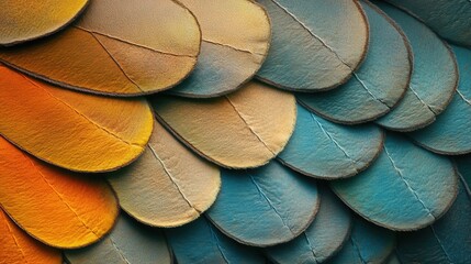 Poster - Close-up of Vibrant Feathers with Vivid Blue and Orange Hues Capturing Nature's Intricate Patterns and Textures in a Stunning Display of Color