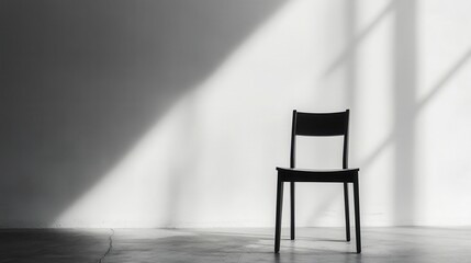 Poster - Minimalist Black Chair with Dramatic Shadows in Empty Space Featuring Natural Light Against a Smooth Textured Wall Background