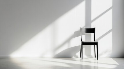 Poster - Minimalist Black Chair in Bright Sunlight with Abstract Shadows on a Clean White Wall in Modern Interior Space