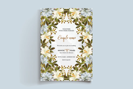 WEDDING INVITATION FRAME WITH FLOWER DECORATIONS AND FRESH LEAVES