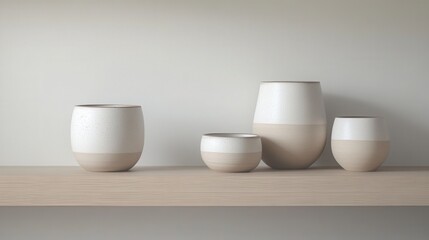 Poster - Minimalist Ceramic Pots on Light Wooden Shelf Showcasing Contemporary Design and Soft Earthy Tones in Modern Interior Space