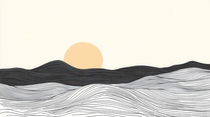 Poster - Serene Minimalist Landscape with Soft Sun and Flowing Line Art in Monochrome Tones and Warm Emphasis on Horizon