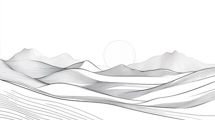Poster - Abstract Landscapes with Wavy Lines and Geometric Shapes in Black and White Featuring a Sun on the Horizon and Soft Mountain Silhouettes