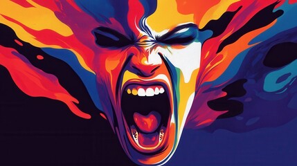 Poster - Expression of Raw Emotion Captured in Vivid Colors with Abstract Waves and Dynamic Facial Features Representing Anger and Frustration