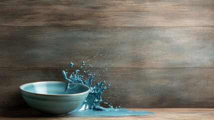 Poster - An artistic moment captured with blue paint splattering from a bowl onto a wooden tabletop, illustrating creativity and spontaneity in an expressive and vibrant manner.