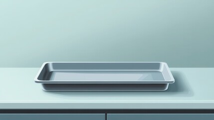 Poster - A Simple Gray Tray on a Light Blue Surface with a Minimalist Background Ideal for Food Presentation or Culinary Use