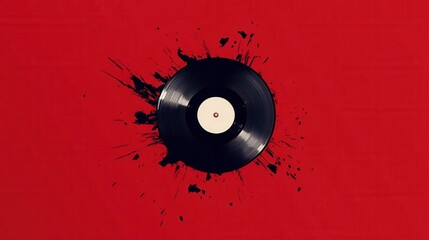 Poster - Classic Vinyl Record with Paint Splatter on Red Background for Creative Music and Art Projects Featuring Retro Style and Nostalgic Elements