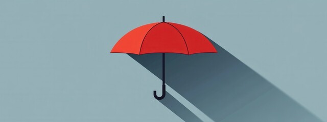 Poster - Bright Red Umbrella with Shadow on Light Blue Background, Symbolizing Protection, Safety, and Style in Minimalist Design Aesthetic