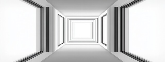 Poster - Minimalistic Interior with Perspective View Featuring White Walls and Natural Light Filling Up the Space Through Large Windows