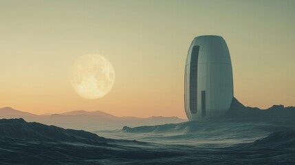Wall Mural - Futuristic Minimalist Structure on Alien Landscape with a Large Moon in the Background at Dusk, Capturing a Sense of Exploration and Innovation