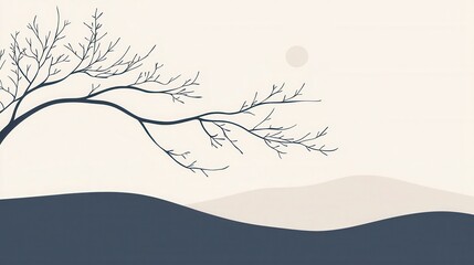 Poster - Serene Minimalist Landscape with Bare Tree Branches Against Soft Hills and Gentle Sun in the Background for Peaceful Ambiance