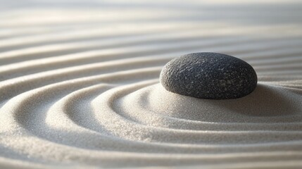 Poster - Elegant Stone on Soft Sand Creating Ripples in Tranquil Zen Garden for Relaxation and Meditation Purposes