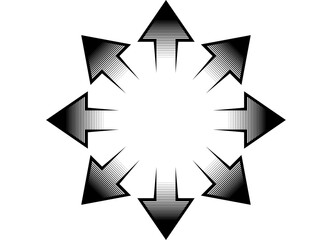 Aufkleber - Pattern of black striped arrows on a white background diverging from the center. Navigation design element, Direction indicator. Vector background. Star, circle