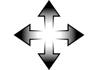 Aufkleber - Pattern of four black striped arrows on a white background that diverge from the center in different directions. Navigation design element, Direction indicator. Vector background. Epicenter