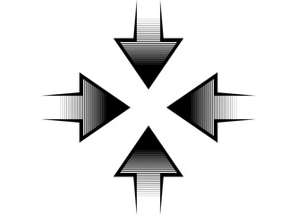 Aufkleber - Pattern of four black striped arrows on a white background that converge in the center. Navigation design element, Direction indicator. Vector background. Epicenter