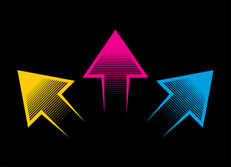 Aufkleber - Dynamic Vector Pattern of three colored arrows on a black background. Design element for navigation, Direction indicator. Vector background.