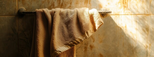 Poster - Soft and Cozy Bath Towel Hanging on a Rustic Metal Rack in a Warmly Dim Bathroom with Subtle Sunlight Filtering Through
