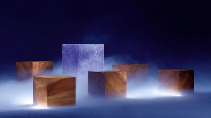 Aufkleber - A surreal scene featuring glowing cubes surrounded by mist. The interplay of light and shadow creates a magical atmosphere. Perfect for design and abstract art. AI