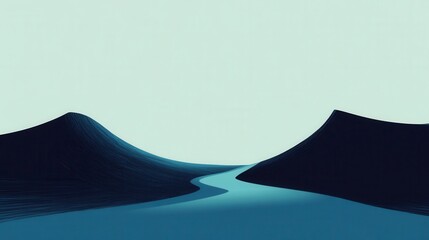 Poster - Serene Abstract Landscape with Curved River Flowing between Two Stylized Mountains Beneath a Softly Colored Sky in Minimalist Design
