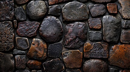 Poster - A captivating close-up of a stone wall reveals diverse rock shapes and textures, celebrating natural formations and earthy tones in this striking decorative image.