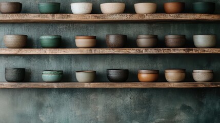 Poster - A visually pleasing arrangement of various pottery on rustic wooden shelves, showcasing textures and colors that express artistic creativity and craftsmanship.