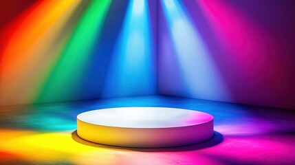 Poster - A circular white platform illuminated by vibrant rainbow-colored spotlights against a dark background.