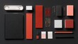 © pinporn manosri - Stylish Arrangement of Office Supplies on Dark Background Featuring Notebooks, Paper Clips, and Various Stationery Items in Modern Minimalist Design