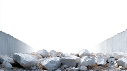 Aufkleber - A striking view of a broken wall with large rocks scattered on the ground. The image showcases the concept of destruction and rebirth. A minimalist style highlights the emptiness. AI