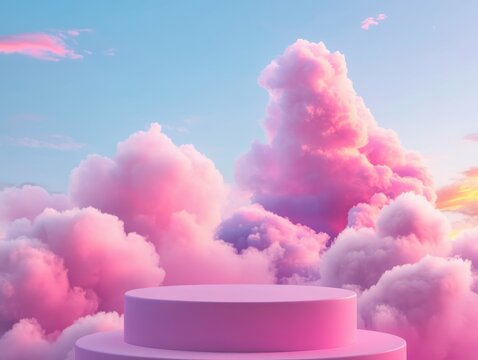 high resolution image of A pink cloud podium set against a blue sky with pink and purple clouds. high detail 8k