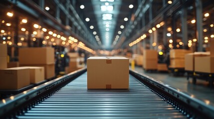 Poster - A cardboard box moves along a conveyor belt in a large, well-lit warehouse with numerous other packages and industrial shelving.