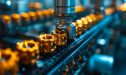 Aufkleber - Close-up of automated robotic arm assembling golden metal parts on conveyor belt in industrial manufacturing factory environment with blur background