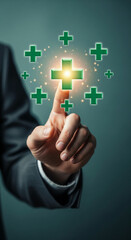 Poster - Hand interacting with glowing green crosses, symbolizing healthcare, growth, or positive choices, ideal for medical or business concepts