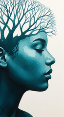 Poster - Teal watercolor painting of woman's profile, tree branches forming crown, symbolizing connection between nature and human mind, peaceful and serene artwork