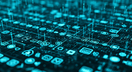 Aufkleber - Abstract digital network image with cyan app icons and connecting lines, showcasing data flow and interconnectedness in modern technology