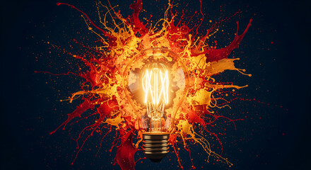 Poster - Illuminated bulb encircled by red and orange paint splashes, symbolizing creativity, innovation, and bright ideas, perfect for inspirational or technological concepts