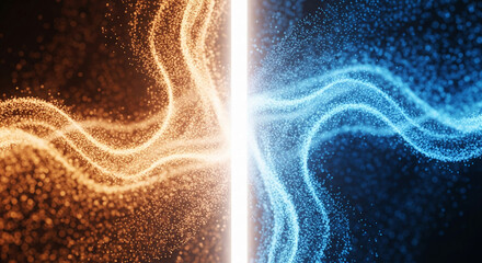 Poster - Abstract image of orange and blue particles forming wavy lines, separated by bright light, suggesting duality, balance, or contrast, ideal for technology or design concepts