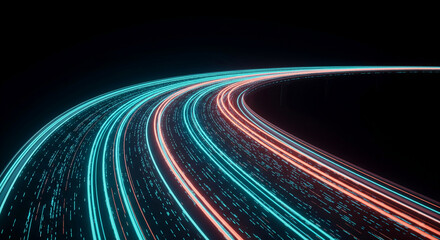 Poster - Abstract image of glowing teal and coral light trails curving on a dark background, suggesting speed, technology, and futuristic movement
