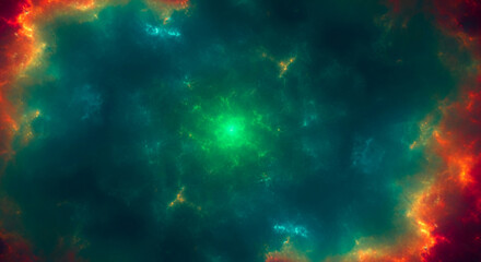 Poster - Abstract image with teal, green, orange, and red nebula-like swirls creating a cosmic effect, symbolizing mystery, energy, and the vastness of space, ideal for science fiction or fantasy concepts