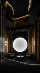 Poster - Dark, elegant lounge with gold walls, black floor, and a circular light feature.  Showcase design, ideal for luxury branding or high-end product display