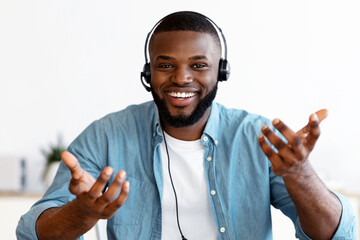 Poster - Web Conference. Happy Black Freelancer Guy In Headset Making Video Call Via Laptop, Cheerful African American Man Talking At Device Camera, Enjoying Online Communication, Monitor Screen Shot, Collage