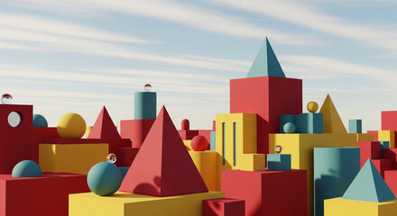 Aufkleber - Abstract 3D render of geometric shapes in red, yellow, and teal against a light sky background Showcase, product display, or mockup scene