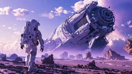 Wall Mural - An astronaut on an alien planet standing near a high tech intricate ancient alien structure or starship