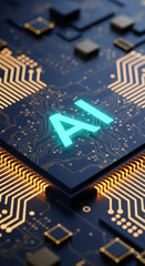 Fototapete - Close-up of a circuit board with glowing AI symbol, showcasing technological advancement and artificial intelligence concept