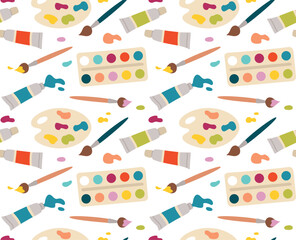Seamless pattern with colorful drawing materials and tools. Bright background with paints, brushes and palette
