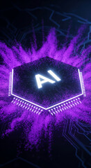 Fototapete - Hexagonal AI chip glowing purple, surrounded by data streams, symbolizes artificial intelligence, technological advancement, and future innovation